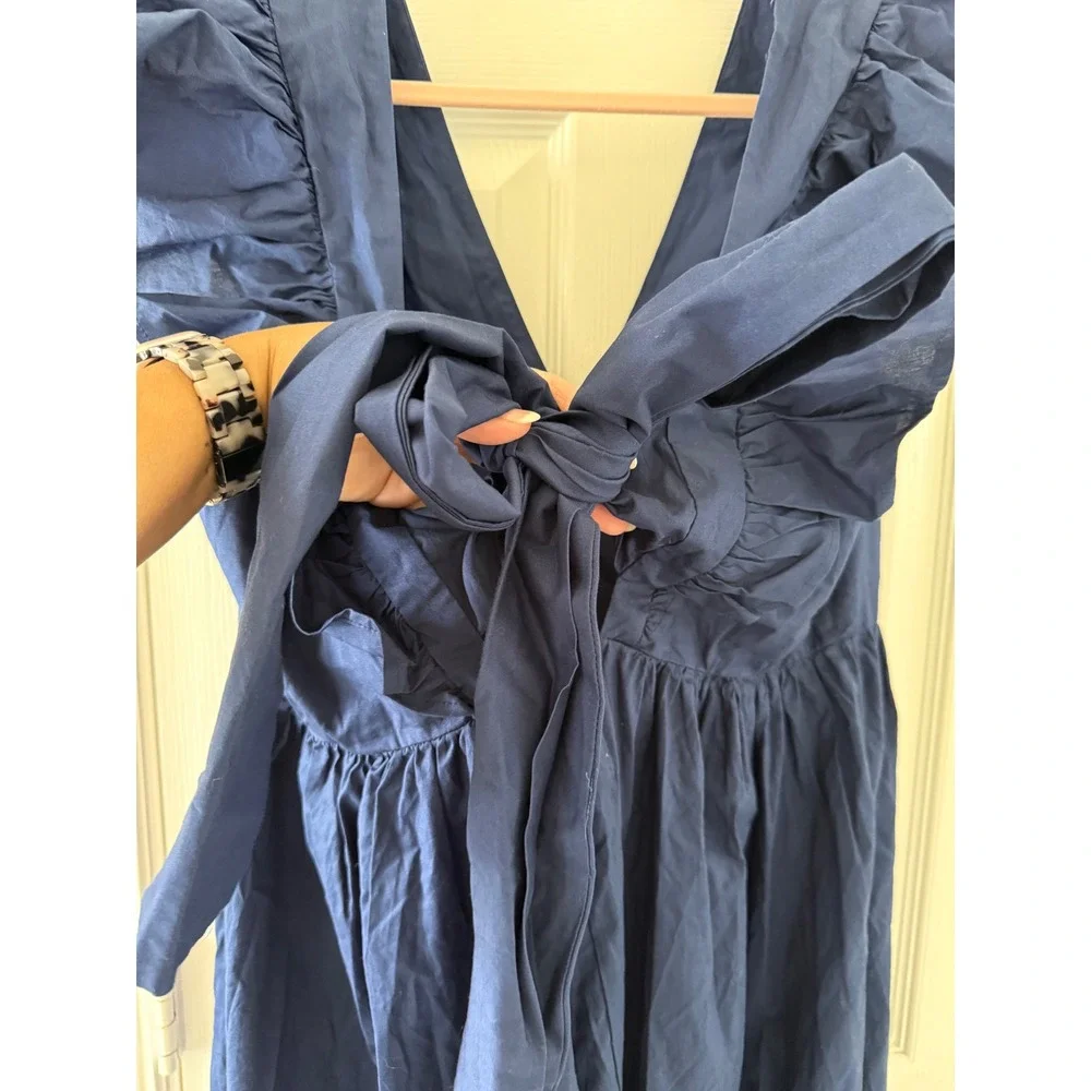 Eloquii Elements Coastal Romantic Navy Midi Dress Ruffle‎ Sleeve Tie Back 14